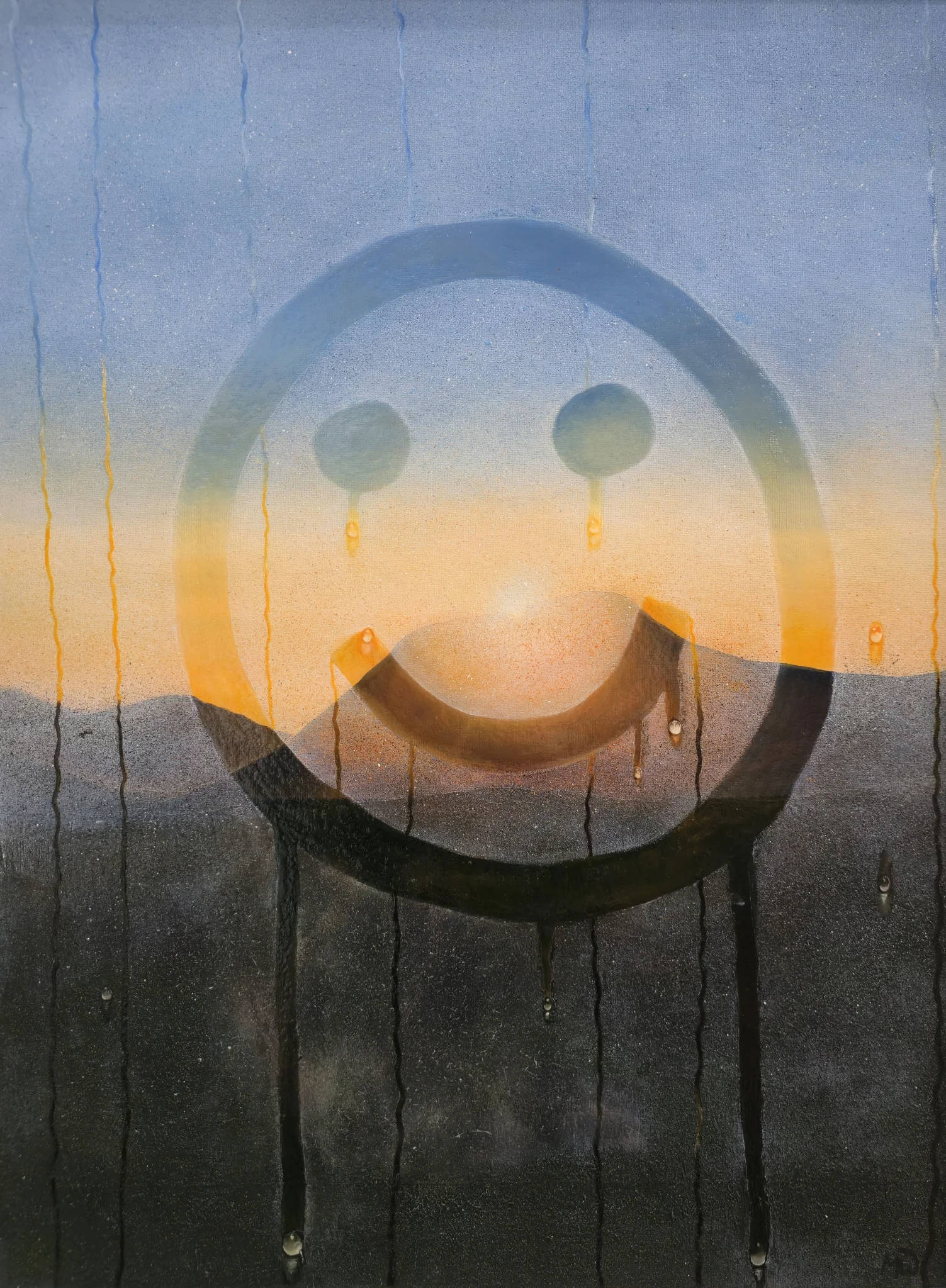 window with condensation, smiley face drawn in the condensation
